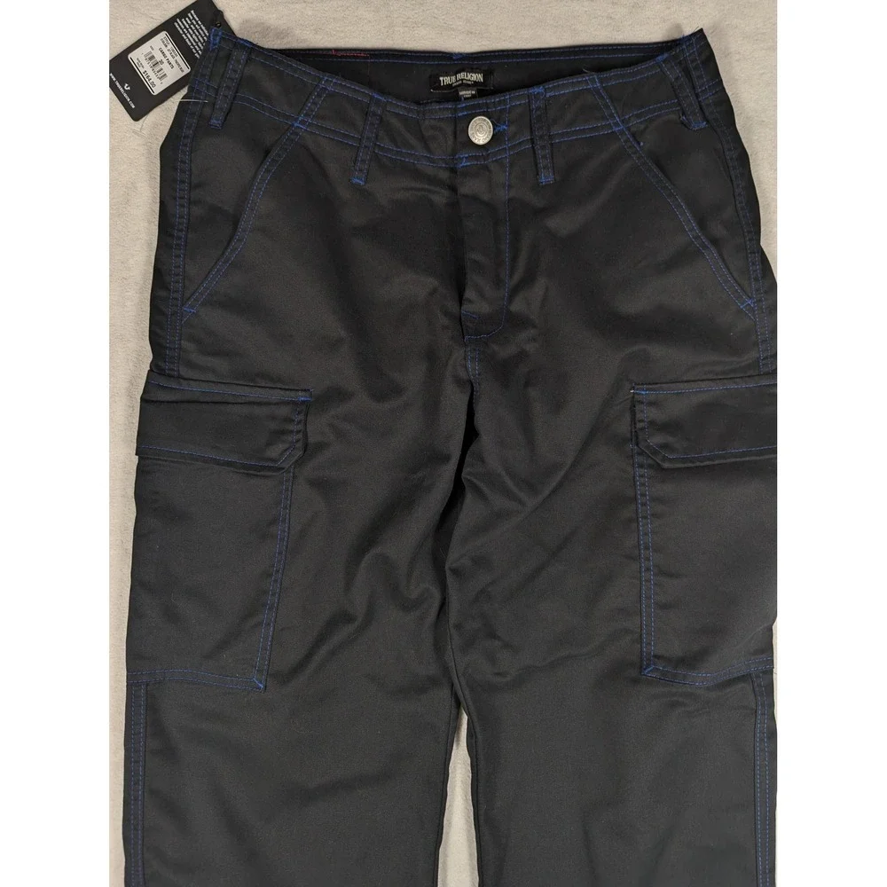 NEW True Religion Mens Cargo Pants Jet Black Pacific Blue Stitching Size 36